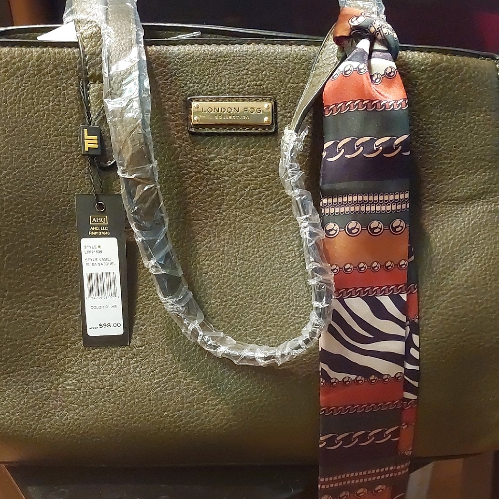 London Fog Olive Tote with Patterned Scarf